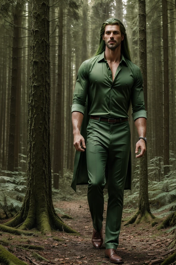 ((very sharp photographic result, Hyperrealistic photo)) (((Best Quality))), (((Masterpiece))), (((Ultra-detailed CG))),(((magical ))) tall handsome muscular man with long green hair green eyes light green button down shirt dress pants, realistic forest background