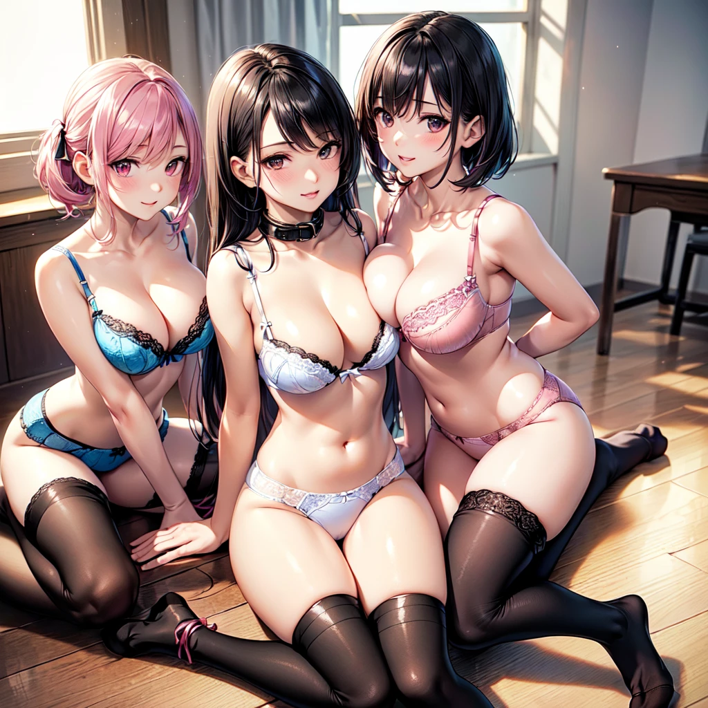 (((masterpiece, Highest quality, High resolution, 超High resolution, Pixel perfect, Written boundary depth, 4K, RTTX10.0, High resolution))), (5 adult females:1.3), Beautiful Anime Women, Beautiful art style, Anime characters, ((Long Hair, bangs, Dark brown hair, Mr.々Hair style, ponytail, Twin tails, Bobcut)), ((Beautiful eyelashes)), ((Detailed face, blushする:1.2)), All five have different faces, ((Smooth texture, Realistic texture, Anime CG Style)), Perfect body, (Slender body:1.2), beautiful and big breasts, Exact finger count、Exact number of legs、Exact number of arms, (blush:1), (Five women lined up in a sexy pose to greet guests.:1.2), ((In underwear:1.1), (Ribbon at collar.:1.1), (Black knee socks:1.4), No shoes, lingerie:1.4), Realistic, Highest quality, High resolution, 非常にDetailed face, Perfect lighting, Highly detailed CG, (Perfect hands, Perfect Anatomy), Embarrassed expression, (School classroom:1.3), Morning sun-like lighting, whole body, ((Stylish and sexy shiny satin panties, Stylish lace side tie panties, White panties, Dark pink panties, Dark blue panties:1.2)), Angle from the front、(Beautiful and thin thighs:1.2), The chest is exposed, The shoulders have exposed skin, Arms have exposed skin, Exposed skin around the waist, (Wear only underwear:1.2), ((Stylish and sexy shiny satin lace bra, White bra, Dark pink bra, Dark Blue Bra:1.2), All about the same height, Showing off your bra, Showing panties, naked