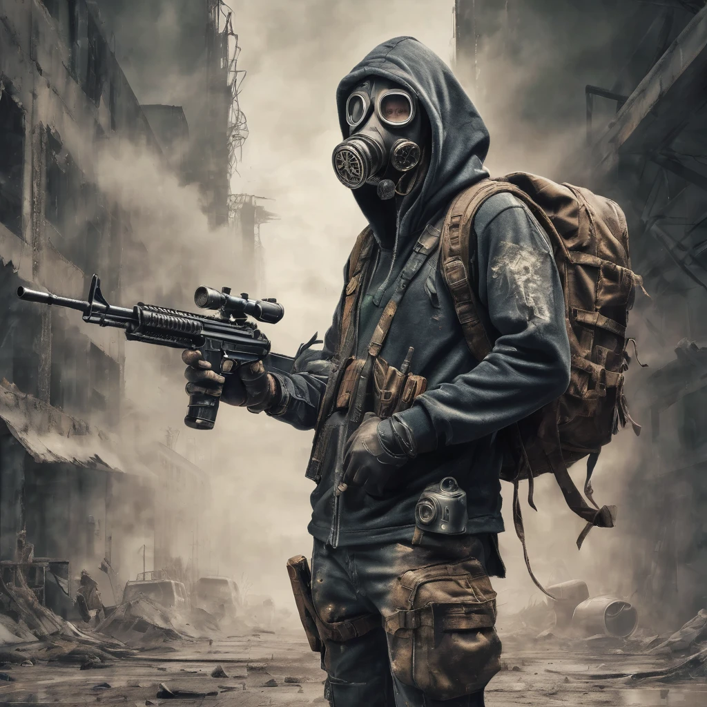 Post apocalyptic survival hoodie warrior gas mask holding rifle fantasy artwork