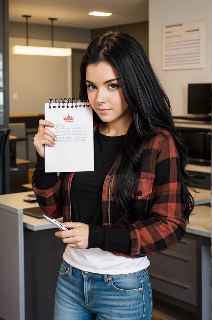A real Canadian girl with black hair but dyed red tips nice body holding a notebook paper that has the name aliciaml0 written very large