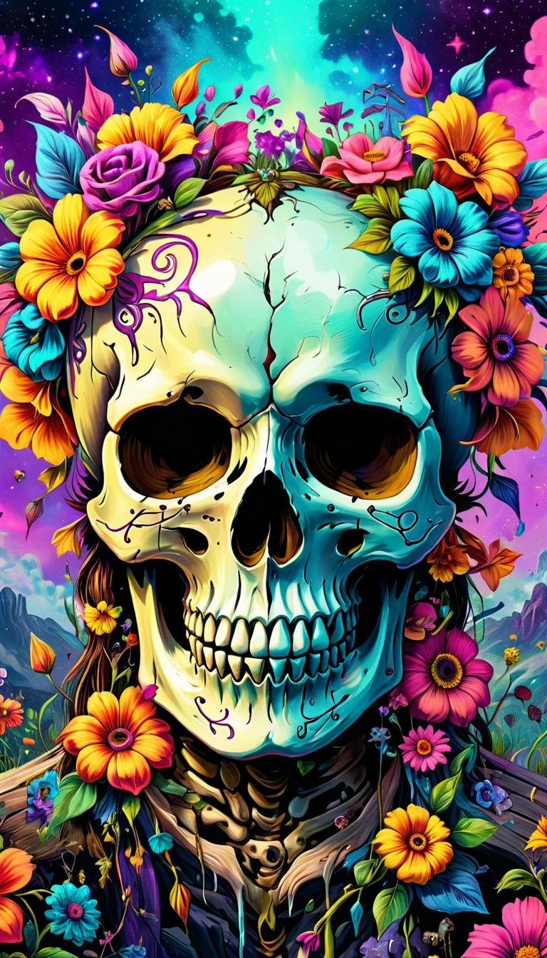 Close up of a skull with a flower on its head, fantasy skull, Horrible colorful detailed art, 4k horror color art, Sacred skull, Magic psychedelic background, Detailed digital artwork, skull, Sacred skulls, Psychedelic illustration, Sugar skull, skeleton face, Death skull, Horrible color art, Skull threshold void background, Psychedelic art style