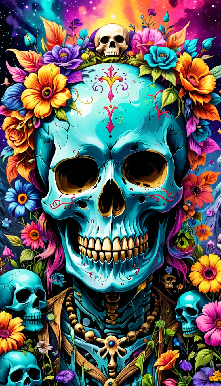Close up of a skull with a flower on its head, fantasy skull, Horrible colorful detailed art, 4k horror color art, Sacred skull, Magic psychedelic background, Detailed digital artwork, skull, Sacred skulls, Psychedelic illustration, Sugar skull, skeleton face, Death skull, Horrible color art, Skull threshold void background, Psychedelic art style