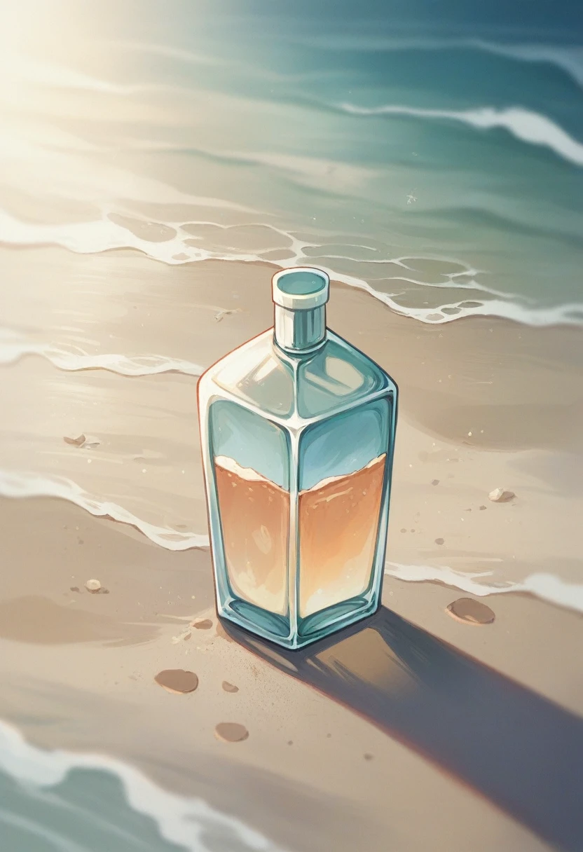 A photographic image of a perfume bottle, elegant and translucent, resting on the sandy shore near the ocean. The background shows gentle waves and a distant horizon. Soft sunlight highlights the bottle's contours, creating shimmering reflections on the glass. Details of seashells and smooth pebbles in the sand. Warm golden light with soft shadows, coastal breeze effect, cinematic composition, hd quality, natural look
