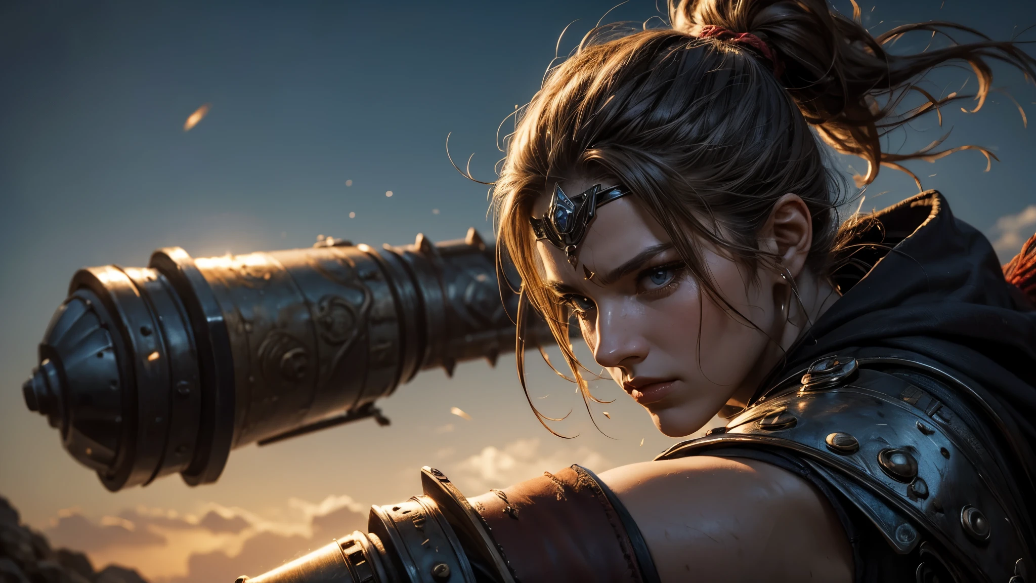 (A strong-willed warrior,With a keen gaze,There's a secret in her eyes)woman,Fine grain,Detailed face, Wearing armor, Ready for battle, She has a guard by her side, The background is dark and smoky,(Highest quality,4K,8K,High resolution,masterpiece:1.2), Super detailed, (Realistic,photoRealistic,photo-Realistic:1.37), High resolution, Studio Lighting,(thick smoke:0.9),Blood on the face、Bloody battle、Bloody massacre