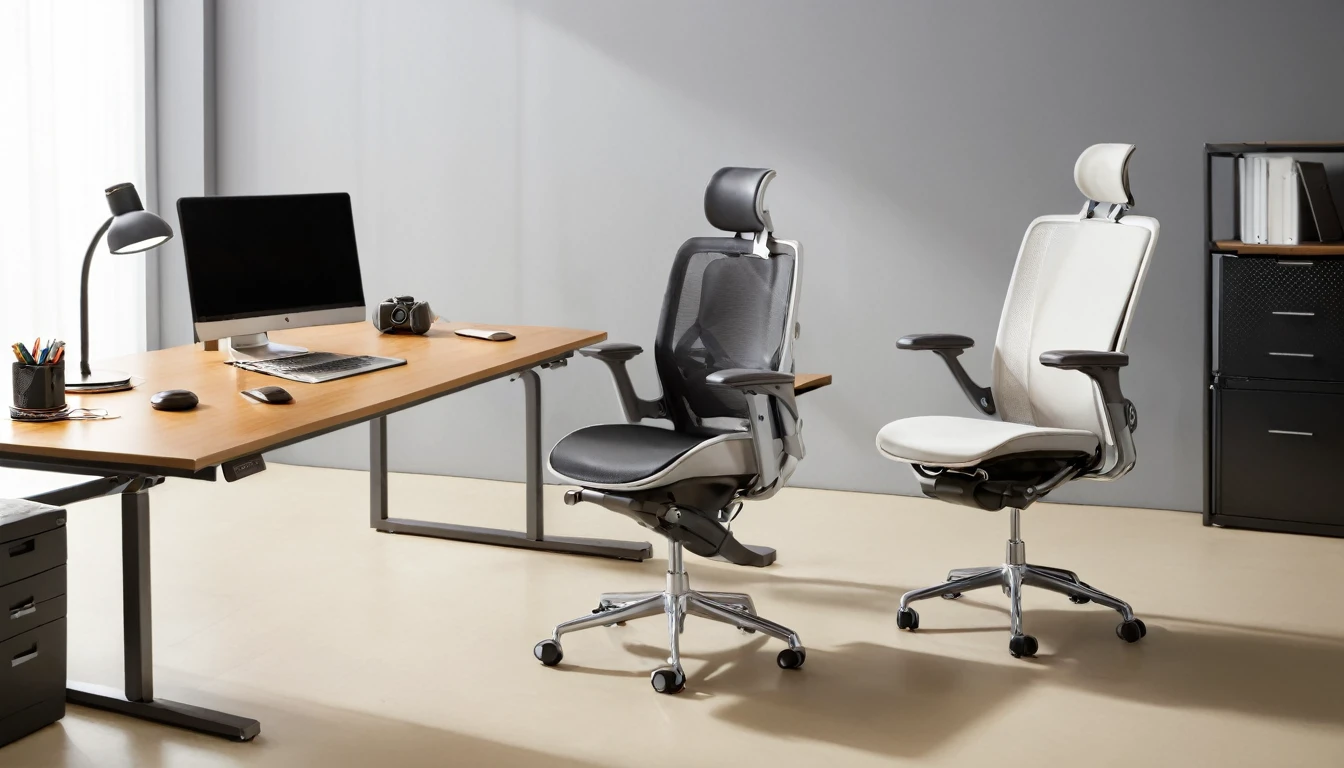 "Take a professional photo of a high-end ergonomic office chair placed next to a modern office desk. Ensure the chair's design and materials are clearly visible, with the background slightly blurred to emphasize the chair. Use an 8K resolution camera to capture the textures and details of the chair, making it the focal point of the image. The setting should look clean and professional, with natural light enhancing the scene."

