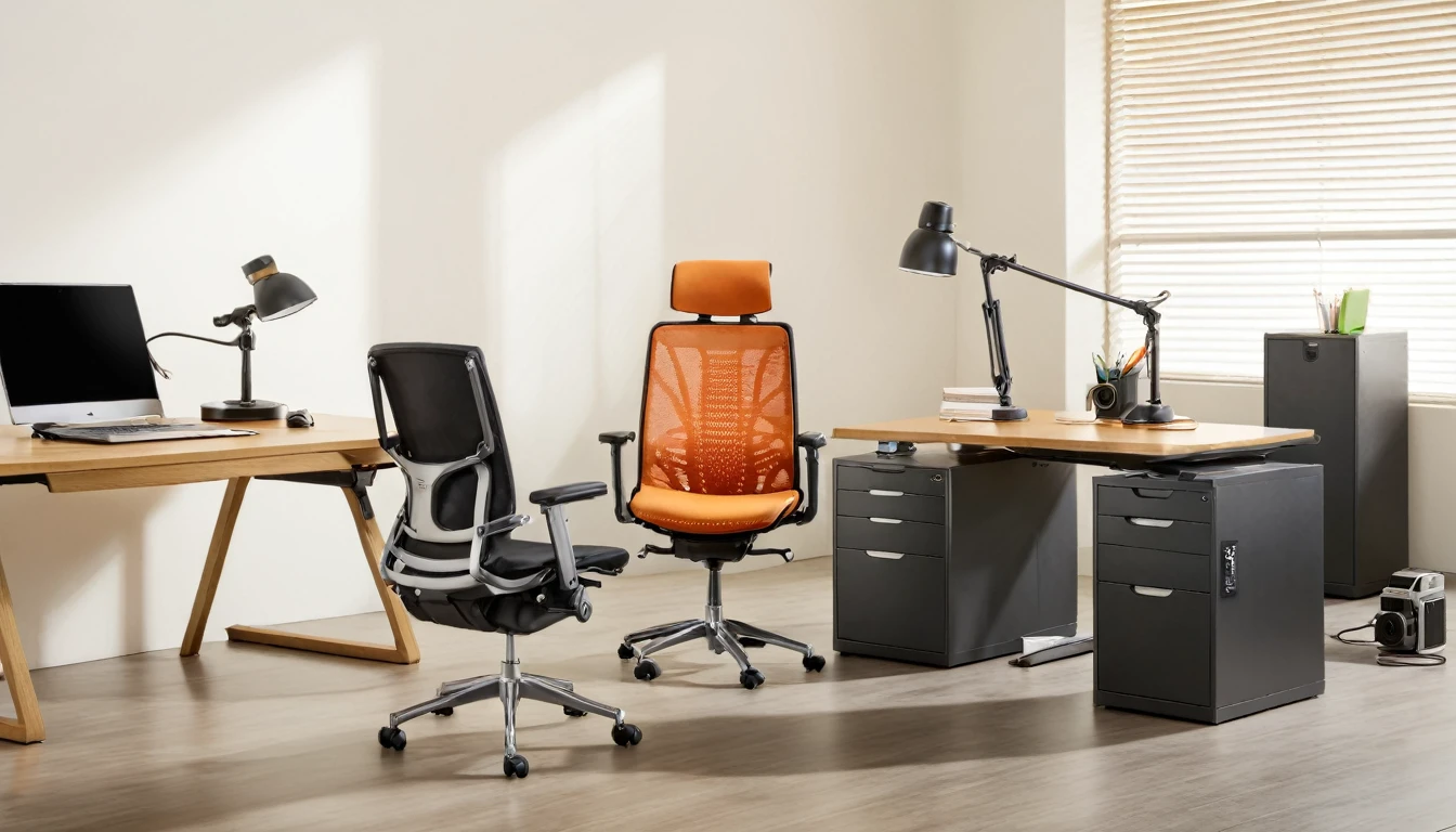 "Take a professional photo of a high-end ergonomic office chair placed next to a modern office desk. Ensure the chair's design and materials are clearly visible, with the background slightly blurred to emphasize the chair. Use an 8K resolution camera to capture the textures and details of the chair, making it the focal point of the image. The setting should look clean and professional, with natural light enhancing the scene."

