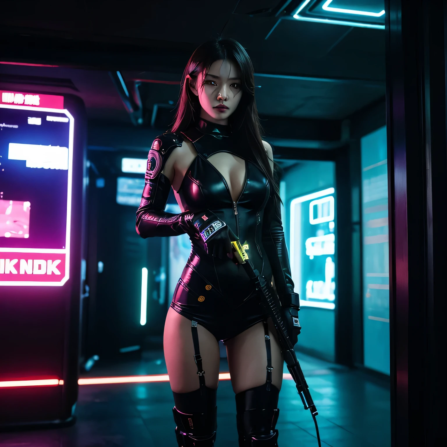 A female secret agent dressed in y black cyberpunk character, cluse up is in a hallway full of possibilities illuminated by neon lights, a place where technology is closely intertwined with people, creating a canvas of limitless potential for those brave enough to explore its depths. Karakter Cyberpunk mewujudkan esentah dari masa depan yang berteknologi tinggi dan kumuh, cybernetic enhancement, and dark intrigue., Cyberpunk, holding a gun in his hand