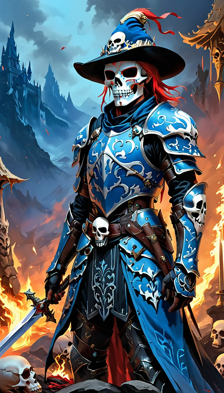 There is blood, 1 boy, Skull Mask,armor, Male focus, Solitary,arms,sword,peak,Looking at the audience, blue_fire,sleep, Put on your hat, Keep, (masterpiece), (best quality), Human Development Report, Intricate details,