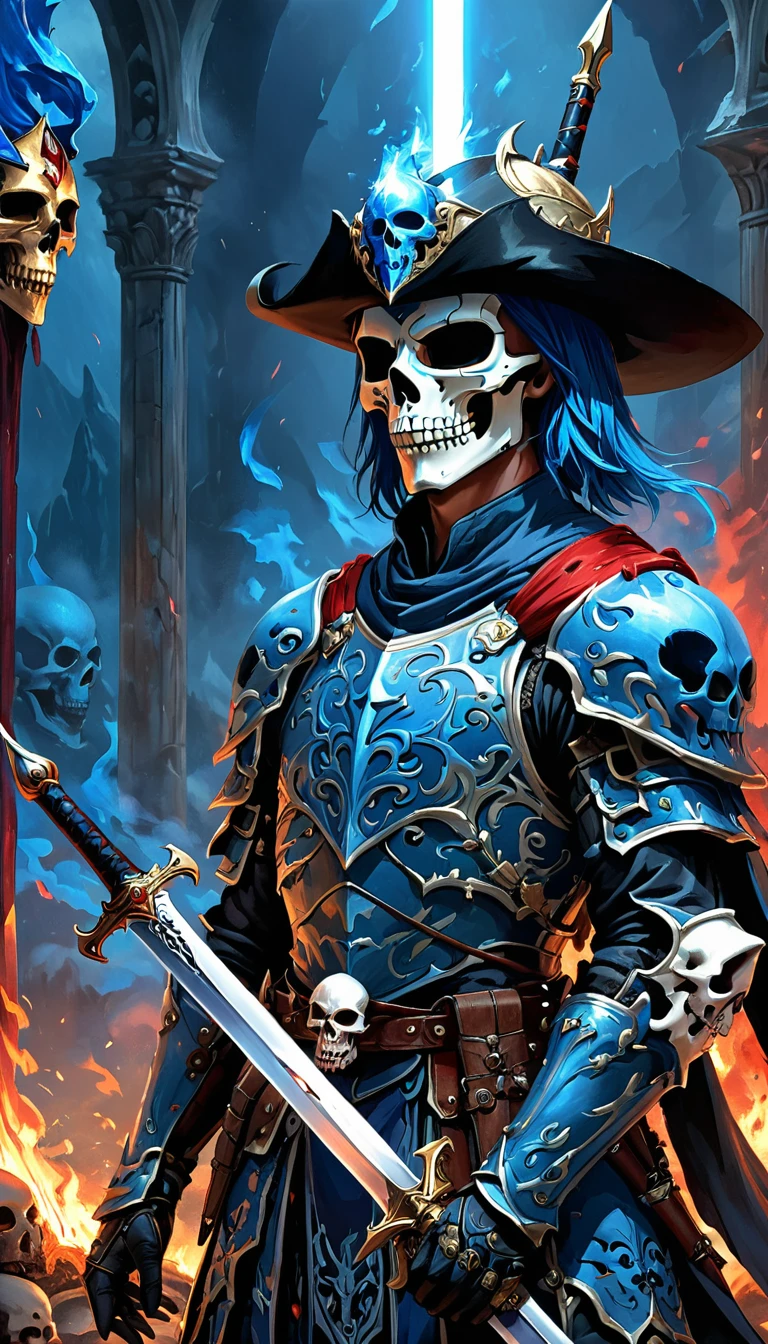 There is blood, 1 boy, Skull Mask,armor, Male focus, Solitary,arms,sword,peak,Looking at the audience, blue_fire,sleep, Put on your hat, Keep, (masterpiece), (best quality), Human Development Report, Intricate details,