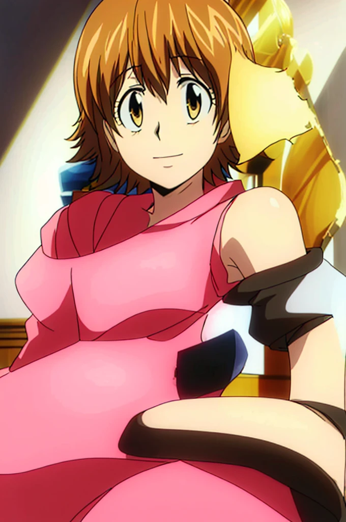 1girl, solo, princess, pink dress, palace,
Castle, short sleeves, with a crown on his head, room, smiling, short hair, brown hair, gold eyes, Tiara, looking at the viewers, masterpiece, indoors, 8k, best quality,