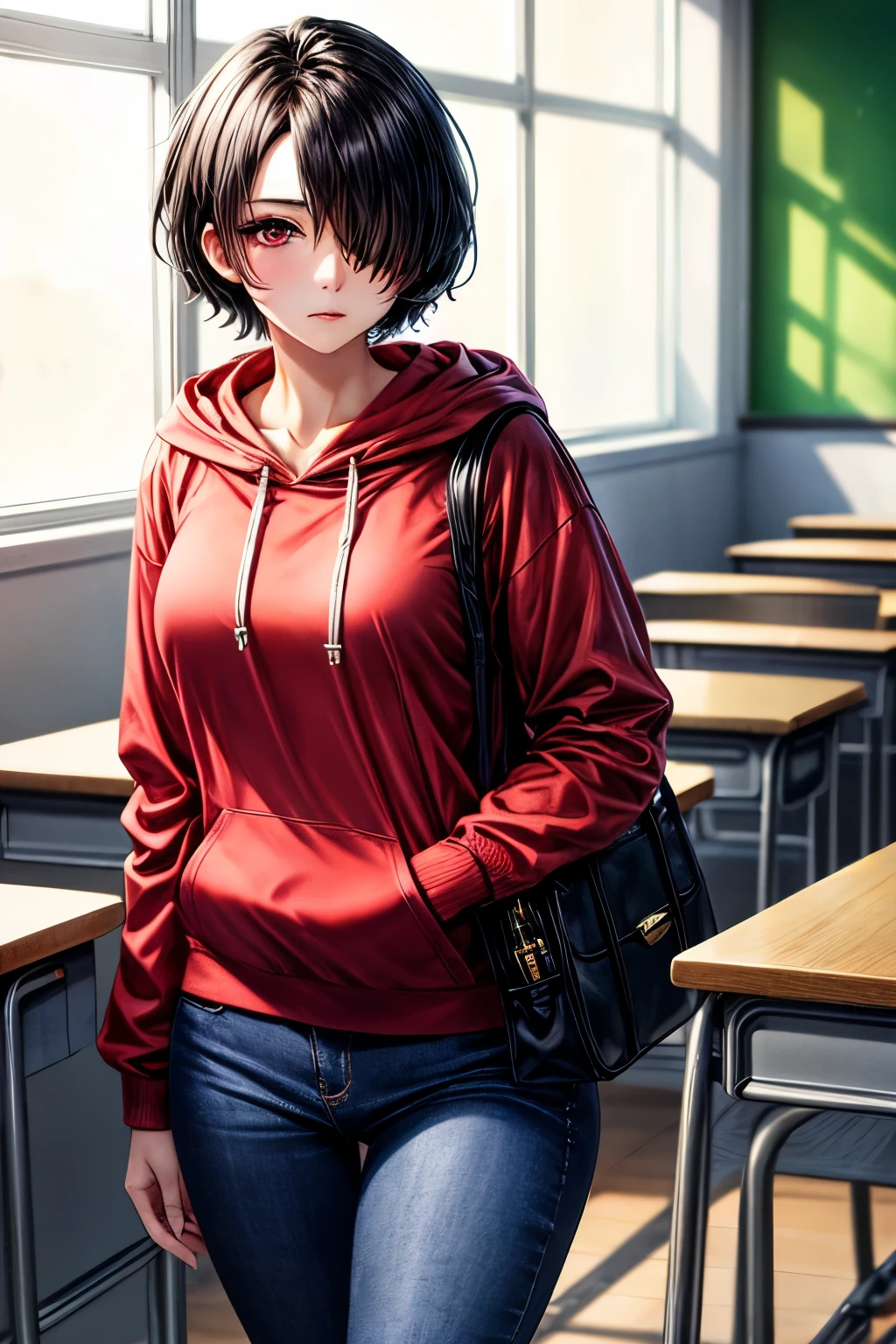 (Best quality), (flawless quality), 1girl, solo, woman, short black hair, hair over one eye, red eyes, sharp gaze, red hoodie, blue pants, white flat shoes, holding purse, in the classroom, anxious