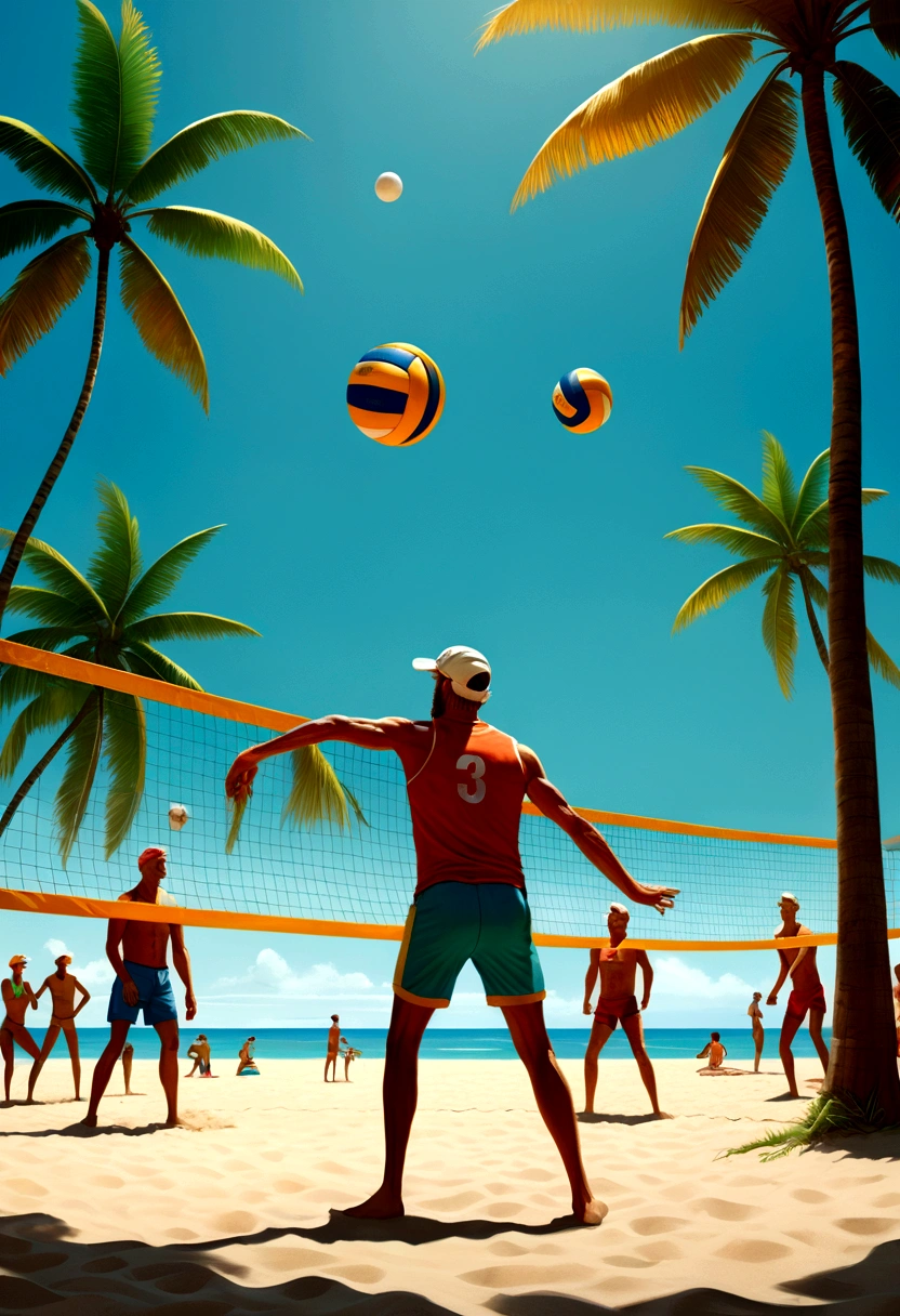 Beach Volleyball, by lois van baarle, full body, cinematic still, cinemascope, best quality, masterpiece, very aesthetic, perfect composition, intricate details, ultra-detailed, vivid colors
