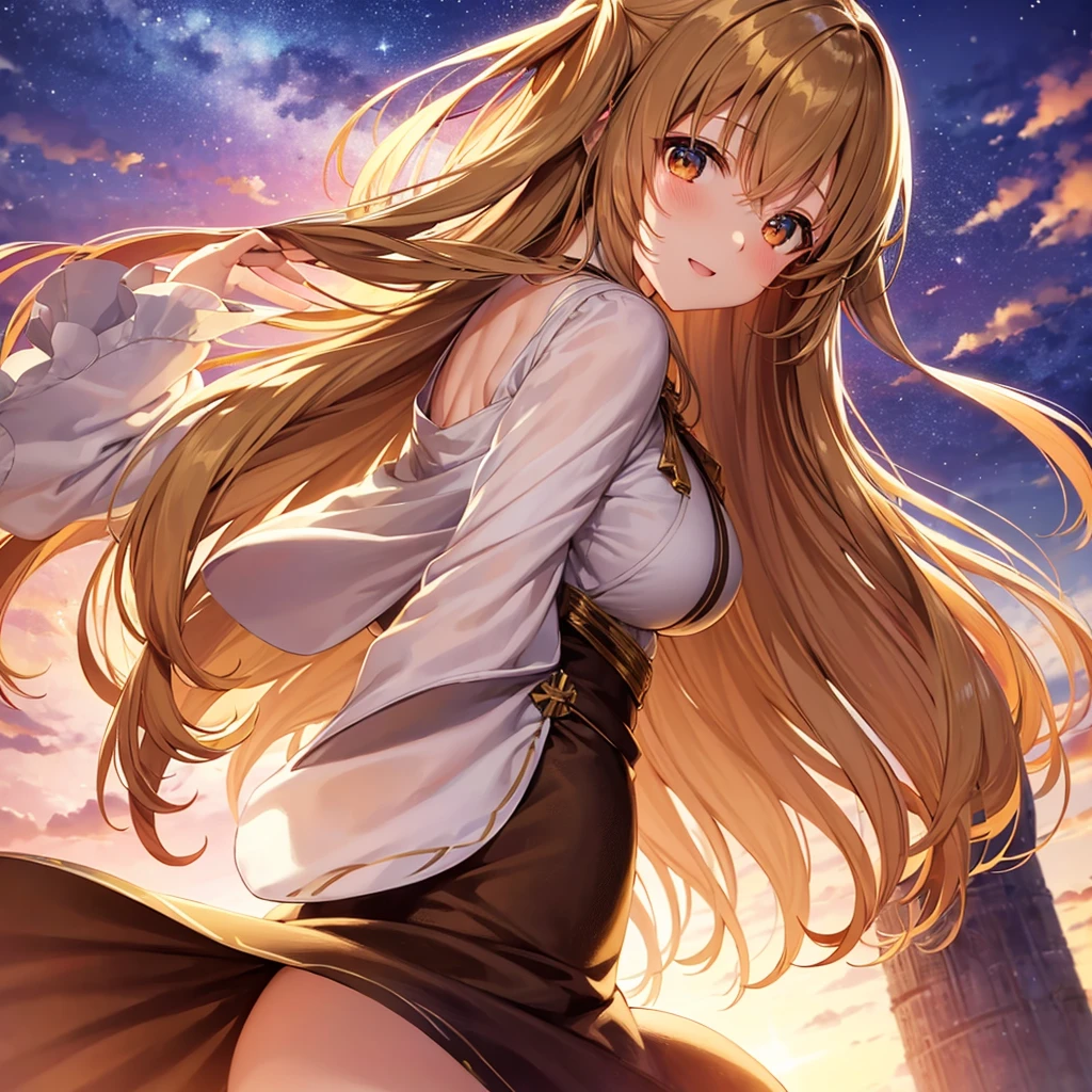 asuna,STAR, crown half up hairstyle,, woman, happy, huge breasts, dress, overexplosure, light brown Clothes, dusk sky, dusk, sunset, Free Pose、Shoulder Off、Only one woman、Low - Angle