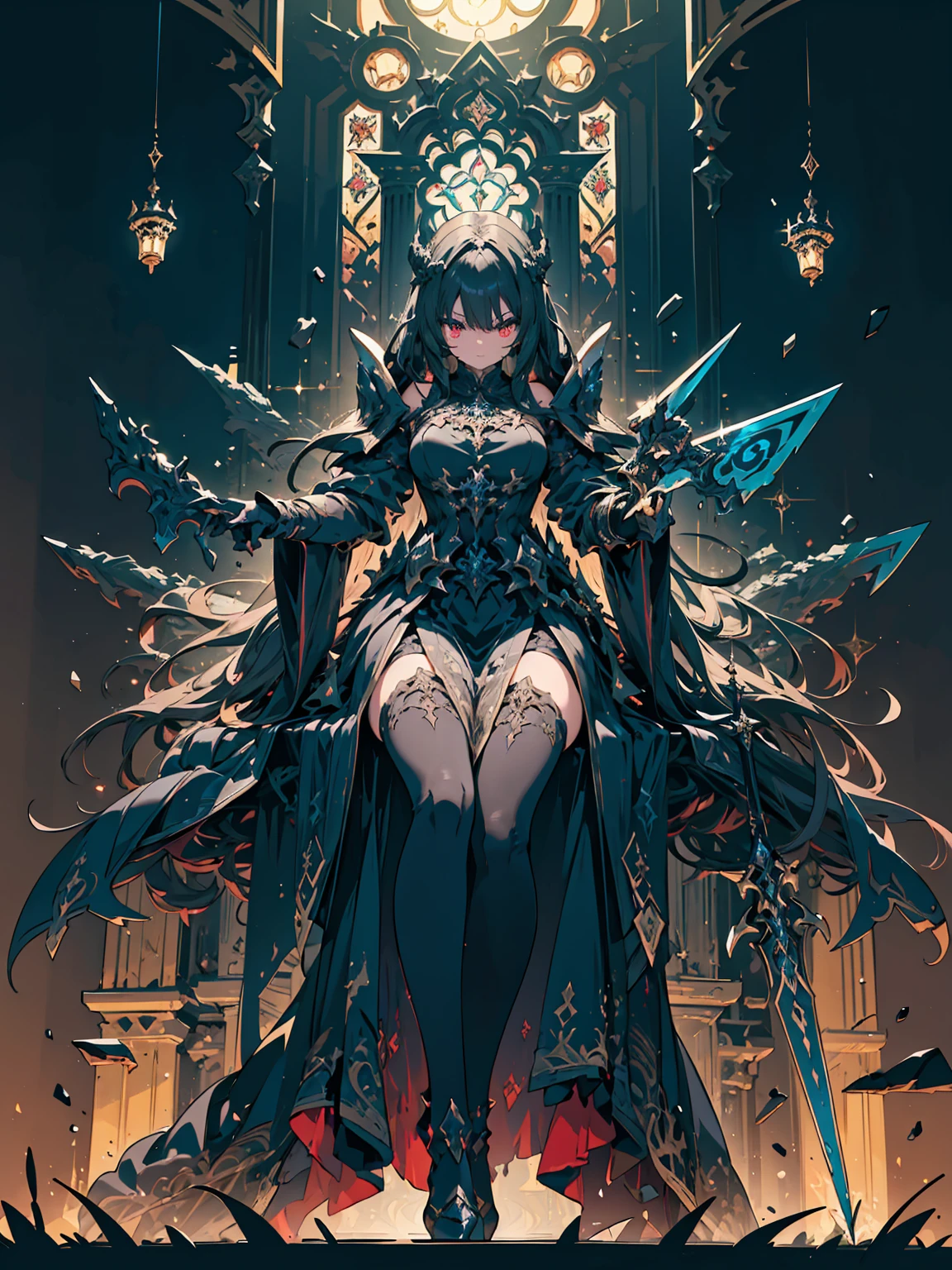 A breathtaking artwork of a female character of unimaginable beauty, set in a dark and opulent environment. The full-body view reveals an impressive figure, exuding an aura of power and mystery. She wears black and gold clothes, radiating a luxurious darkness. Her armor is detailed and characteristic, with intricate golden designs that shimmer in the dim light. Ornate shoulder pads protect her shoulders, and the armor perfectly molds to her body, accentuating her formidable presence.
Her long black hair flows like a river of darkness, contrasting with her mesmerizing scarlet eyes. Her beauty is almost supernatural, a perfect blend of grace and menace. She wields a cursed blade that seems to pulse with malevolent energy, enhancing her aura of danger.
The setting around her is a gothic and luxurious environment, with dark arches and stained glass windows that filter a supernatural light. In the background, candles flicker, casting dancing shadows on the intricately carved stone walls. It is a place that blends elegance and terror, perfectly reflecting the essence of the character.