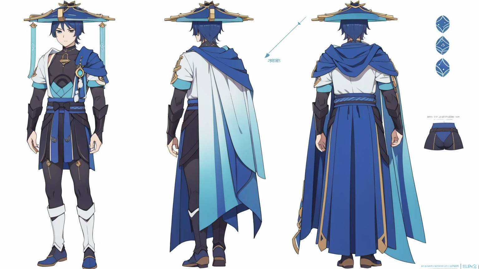 Cape, Metal armor, Body armor, shoulder pads (shiny cyan armor:1.0)Sfw, (Wanderer:1.0)Thin, fit, 1boy, solo, male focus, looking at viewer, upper body, hair, realistic, hat, default clothing, wanderer clothing, (character design sheet, full body, front, side, back), Illustration, environment change, pose (simple background, white background: 1.0)
