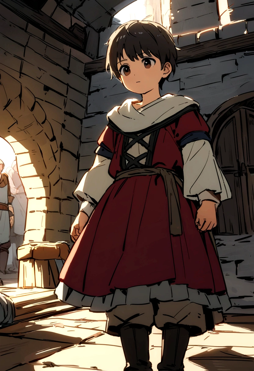 young 7 years old human on the medieval ship, deckhand on the king's ship, dressed in medieval ship clothes