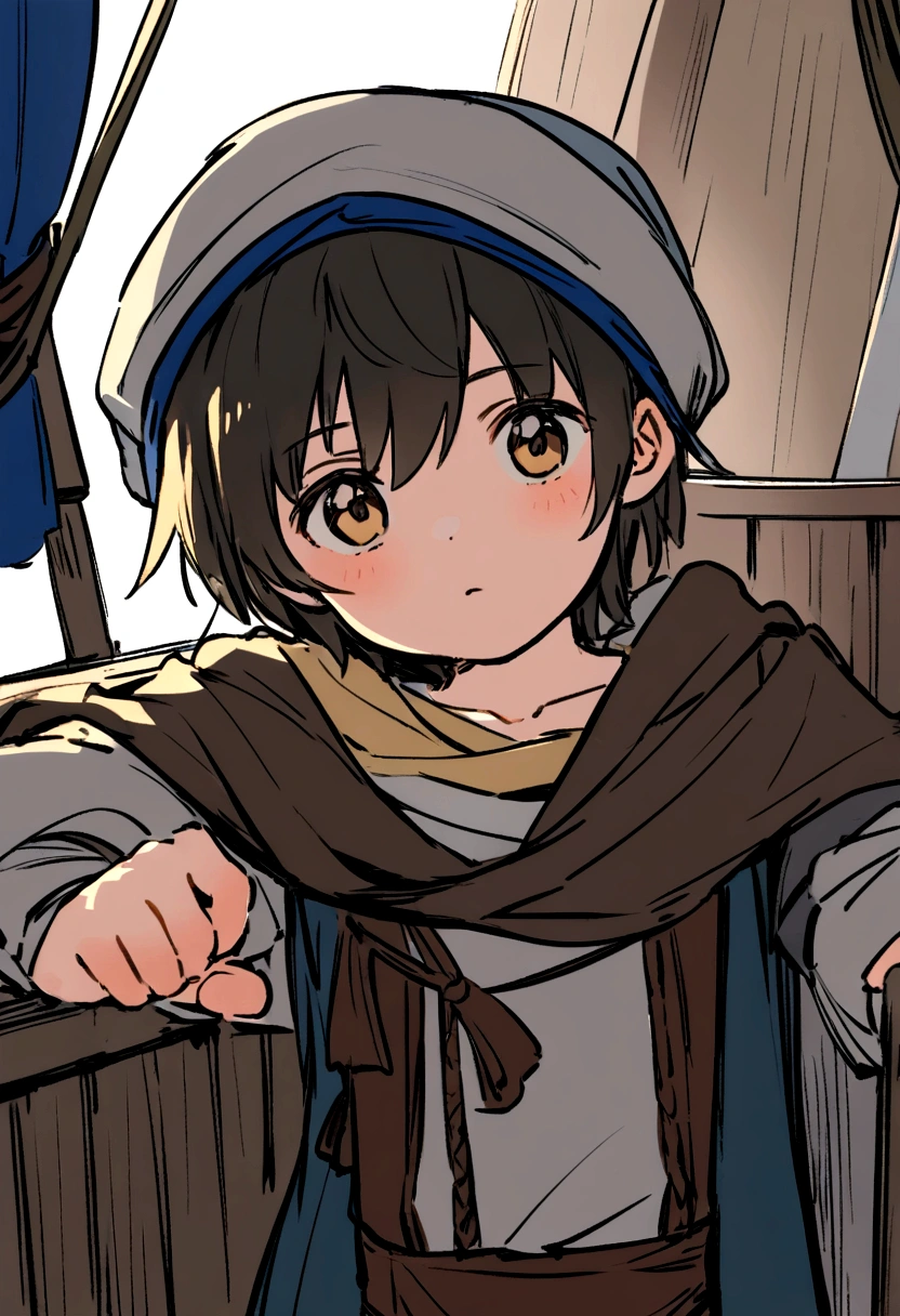 young 7 years old human on the medieval ship, deckhand on the king's ship, dressed in medieval ship clothes