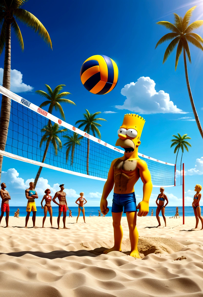 Beach Volleyball, by Bart Simpson, full body, cinematic still, cinemascope, best quality, masterpiece, very aesthetic, perfect composition, intricate details, ultra-detailed, vivid colors