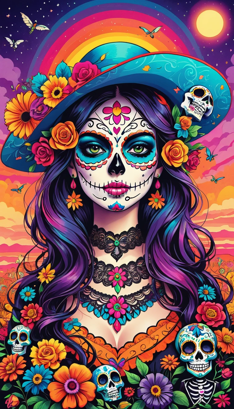 Psychedelic style depiction of the Day of the Dead on multiple women&#39;s faces, Grand and detailed. A whirlwind explosion of glitter powder with lots of texture and multiple colors in the background