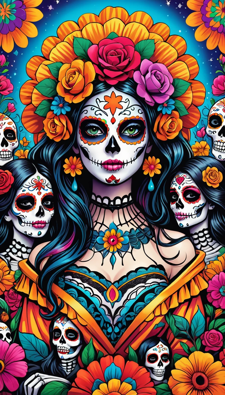 Psychedelic style depiction of the Day of the Dead on multiple women's faces, Grand and detailed. A whirlwind explosion of glitter powder with lots of texture and multiple colors in the background