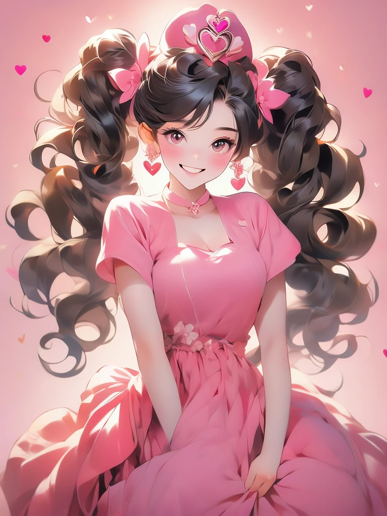 ((masterpiece,best quality)), absurdres,
smile, looking at viewer,
Hu_Tao_Genshin, 1girl, very long hair, brown hair, red eyes, brown eyes, flower-shaped pupils, twintails, hu tao \(genshin impact\), hat,
pink theme, head tilt, 
blush, box, closed mouth, commentary request, creatures (company), dress, earrings, eyelashes, game freak, gift, gift box,  holding gift, jewelry, nintendo, pink dress, red shirt, shirt, short sleeves, waist apron, wrist cuffs, heart, grin, simple background, pink background, hearts background,