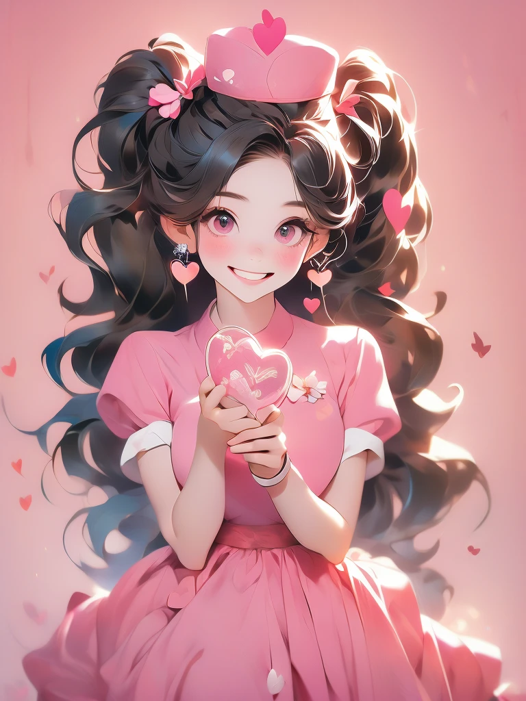 ((masterpiece,best quality)), absurdres,
smile, looking at viewer,
Hu_Tao_Genshin, 1girl, very long hair, brown hair, red eyes, brown eyes, flower-shaped pupils, twintails, hu tao \(genshin impact\), hat,
pink theme, head tilt, 
blush, box, closed mouth, commentary request, creatures (company), dress, earrings, eyelashes, game freak, gift, gift box,  holding gift, jewelry, nintendo, pink dress, red shirt, shirt, short sleeves, waist apron, wrist cuffs, heart, grin, simple background, pink background, hearts background,