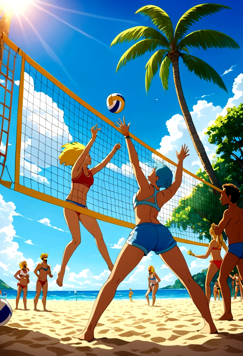 Beach Volleyball, by Bart Simpson, full body, cinematic still, cinemascope, best quality, masterpiece, very aesthetic, perfect composition, intricate details, ultra-detailed, vivid colors