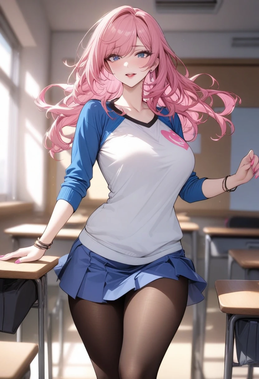 masterpiece, best quality, very aesthetic, absurdres, 1girl, mature_lady, ,Hot pink hairfloating hair,bracelet, jewelry, nail_polish, pink_nails, blue_skirt, blue_sleeves, miniskirt, pantyhose, black_pantyhose, raglan_sleeves, shirt, white_shirt with red printed,in classroom,blur background,background defocus