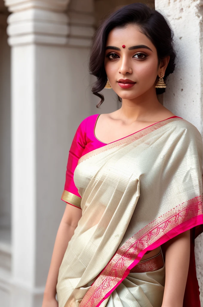 hires close up photo of shsr woman, outdoors, realistic skin texture, looking looking at camera, (silk_saree_blouse:1.2), simple white stucco background