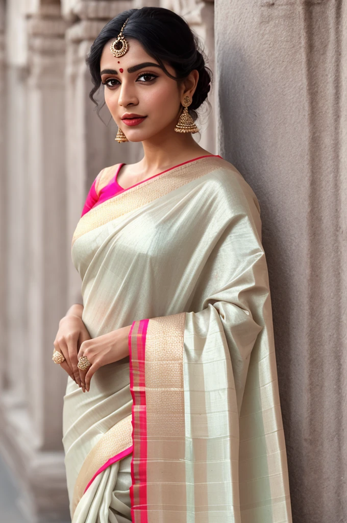hires close up photo of shsr woman, outdoors, realistic skin texture, looking looking at camera, (silk_saree_blouse:1.2), simple white stucco background   