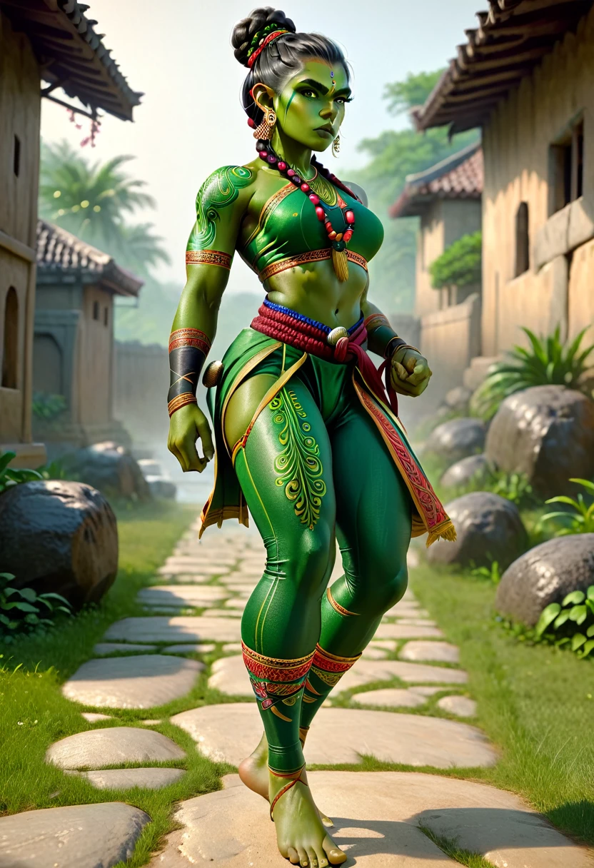 (danahamm:1.08), (style-sylvamagic:0.88), (extremely detailed CG octane render 8k wallpaper), the most beautiful artwork in the world, a Full body shot photo of a sexy solo woman looking at the camera, (nsfw:0.50), full dynamic color, Intricate, High Detail, Sharp focus, dramatic, photorealistic masterpiece painting, modelshoot style, orc women, tusks, green skin, 6 pack, toned, muscles, biceps, pouty lips, long single braid hair with shaved sides, east indian clothing, realistic fabric, colourful bodypaint, strong thighs, fierce, perfect skin, detailed skin, martial artist pose, hair bun