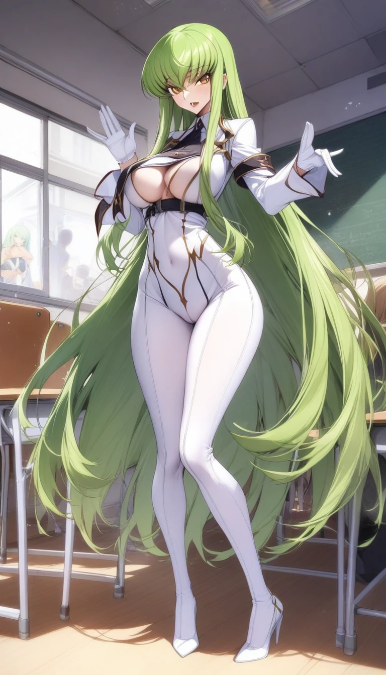 masterpiece, best quality, very aesthetic, absurdres, 1girl, mature_lady, full body, ,c.c(code_geass), 1girl, crossed_bangs, eyes_visible_through_hair, green_hair, medium_breasts, straight_hair, very_long_hair, yellow_eyes, white_footwear, white_gloves, white_bodysuit,sexually_suggestive, handjob_gesture,in school, in college,floating_clothes