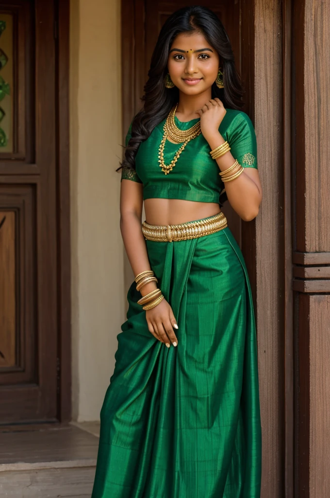 Make a Nepalese girl wearing a green lungi choli dress and 2 armfuls of green bangles