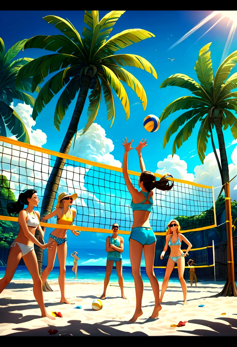 Beach Volleyball, by lois van baarle, full body, cinematic still, cinemascope, best quality, masterpiece, very aesthetic, perfect composition, intricate details, ultra-detailed, vivid colors