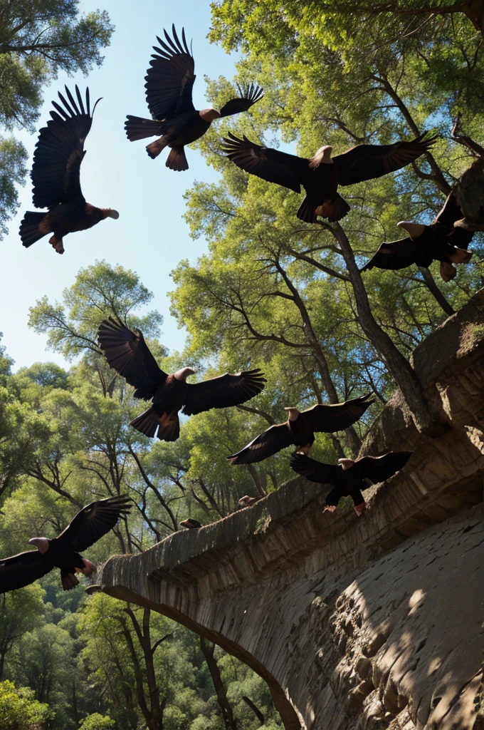 Image with five animated condors in the forest flying