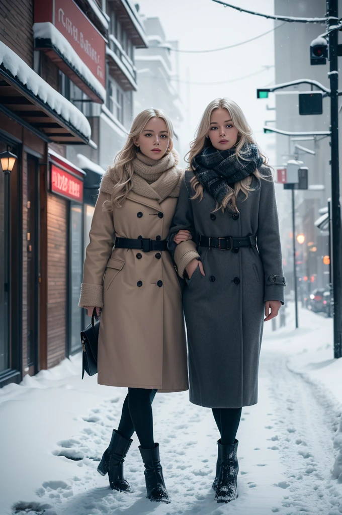 professional photography of a beautiful norwegian girl naked big ass long wavy blondes, sensual and seductive look, beautiful symmetrical face, beautiful natural makeup, wearing chic warm winter fashion clothing, ((standing outside on the snowy city street)), impressive modern urban environment, ultra realistic, conceptual artwork, chic, highy detailed, intricate, sharp focus, Depth of field, f/1. 8, 85 mm, medium shot, mid shot, (((professional color grading))), soft and bright diffused light, (Volumetric fog), Trends on Instagram, HD 4k, 8K