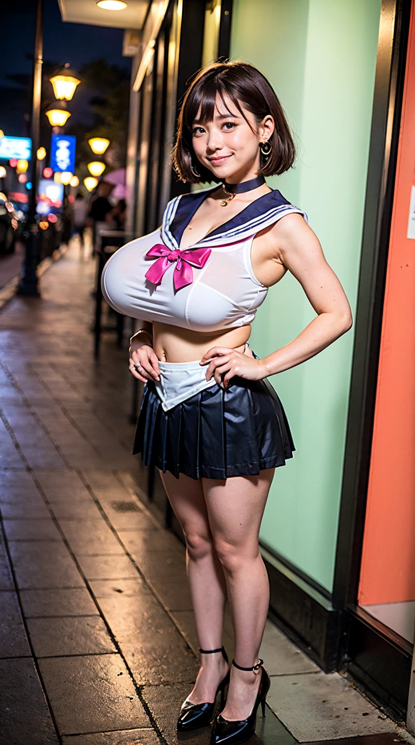 (8K, RAW Photos, Highest quality, masterpiece, Realistic, Detailed face, Detailed skin, Warm color temperature, High angle shot, Center View, View your viewers:1.2), (Full Body Shot, Front view, Straight:1.5), (alone:1.5), One girl, (opll:1.5), Beautiful Japanese Girl, wear (Sailor Moon Costume:1.3), (Elbow hand pockets, Heart Brooch, Magical girl, Pink ribbon, Pink choker, Pink sailor collar, Pink pleated mini skirt:1.2), Tight Top, No bra, Are standing, (Huge breasts:1.3), (low length:1.3), Height: 140cm, slim, (Short arms and legs:1.2), Brown Hair, (short hair, Bob:1.3), amount, Dull colors, Earrings, On the street, (night:1.2), smile