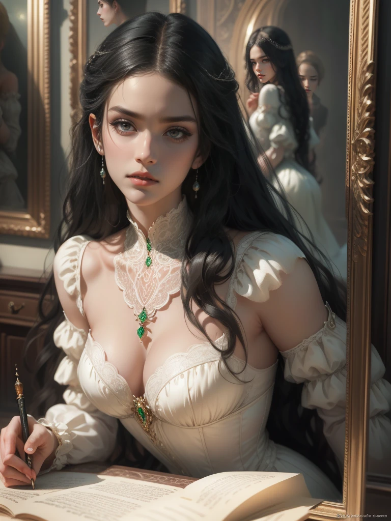 { - anatomy error}(Masterpiece - Ultra-detailed, Very high resolution) Prepare to be enchanted by a true masterpiece that combines ultra-detailed art with high-resolution rendering. This work depicts a mesmerizing woman with long black hair (1.3) and captivating green eyes captivating (1.2), emanating an aura of elegance and mystery in Victorian environments. Intricate details and realistic textures invite you to explore every aspect of this enchanting composition.. Woman wearing classic Victorian costume from 1878. Red lips. going, writing, lying down, standing, on your back, dynamic poses. Get ready to dive into a world where beauty and craftsmanship merge perfectly.