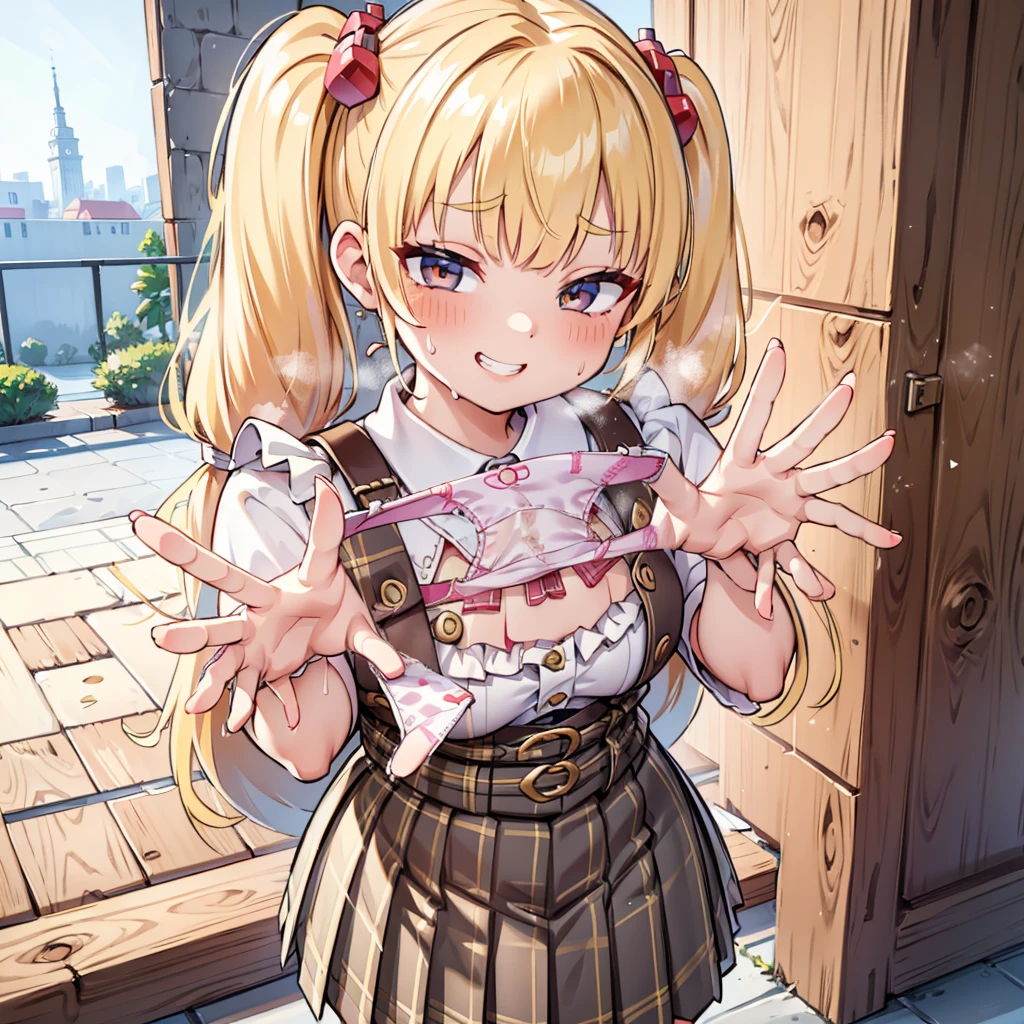 blonde, {{{Half Twin Tail:1.hirt, blush, white shirt, hair ornaments, Manicure, Plaid skirt, Pleated skirt,
,Pay attention to the pantieing down,View your audience,Panties as a bletop, Highest quality, Perfect Skin, Detailed skin texture, Super detailed, 8K, Intricate details, Beautifully detailed face,High resolution,
Grin, smile, Looking down at the viewer, masterpiece, (Panties are stained e)、(Pussy、Love Juice)、Sweat、(boor),perfect hands