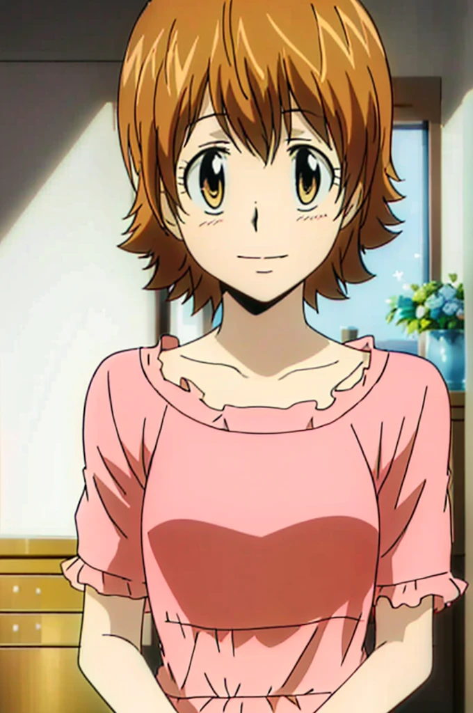 1girl, solo, princess, pink dress, palace, Castle, short sleeves, room, smiling, short hair, brown hair, gold eyes, Tiara, looking at the viewers, masterpiece, indoors, 8k, best quality, slong slevess dress,