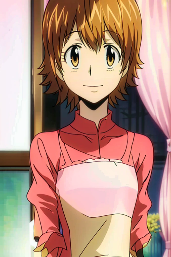 1girl, solo, princess, pink dress, palace, Castle, short sleeves, room, smiling, short hair, brown hair, gold eyes, Tiara, looking at the viewers, masterpiece, indoors, 8k, best quality, slong slevess dress,