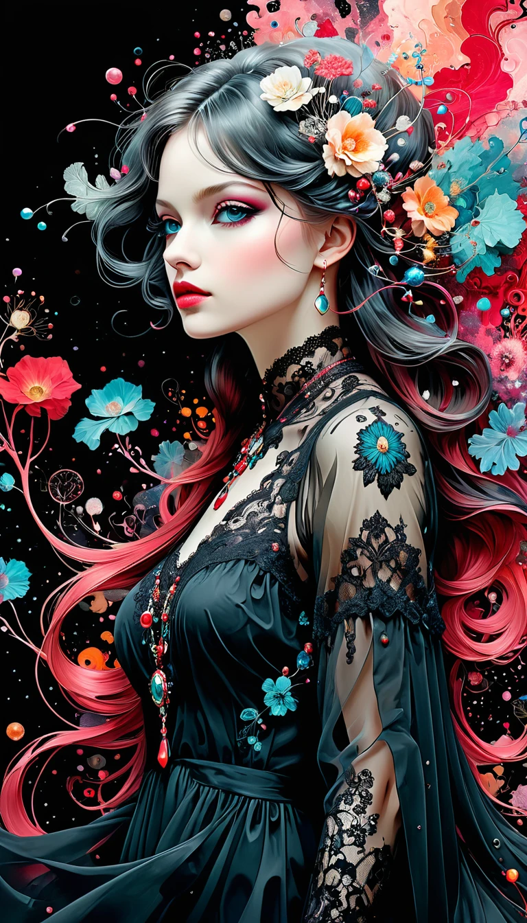 Holy Death, best quality, number, extremely Smooth, body fluid, 3D Fractals, Light Particles, Dreamy, Smooth, flash, Dreamy glow, Alberto Seveso (Alberto Seveso) Concept Art, Anna Dittmann, Arthur Rackham, of color schemes, 32k, dry charcoal and crimson color inks line art Dreamy female portrait with lot of lace filigrees on black canvas illustration described in the perfect fractal style of Vassily Kandinsky, by Jackson Pollock, Alphonse Mucha and Jeremy Mann, Headquarters, 4K modifier: 4K 3D Gloom