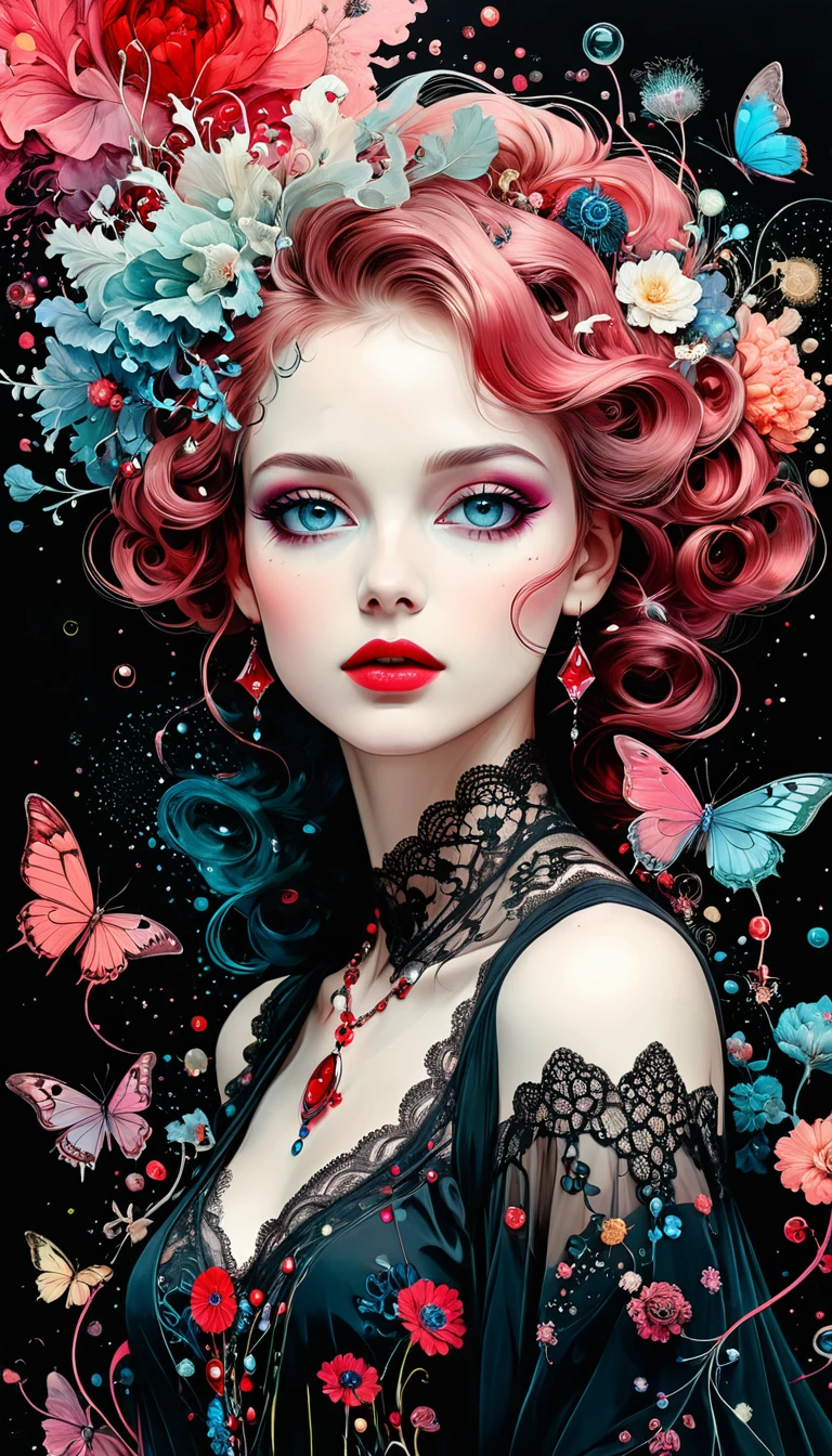 Holy Death, best quality, number, extremely Smooth, body fluid, 3D Fractals, Light Particles, Dreamy, Smooth, flash, Dreamy glow, Alberto Seveso (Alberto Seveso) Concept Art, Anna Dittmann, Arthur Rackham, of color schemes, 32k, dry charcoal and crimson color inks line art Dreamy female portrait with lot of lace filigrees on black canvas illustration described in the perfect fractal style of Vassily Kandinsky, by Jackson Pollock, Alphonse Mucha and Jeremy Mann, Headquarters, 4K modifier: 4K 3D Gloom