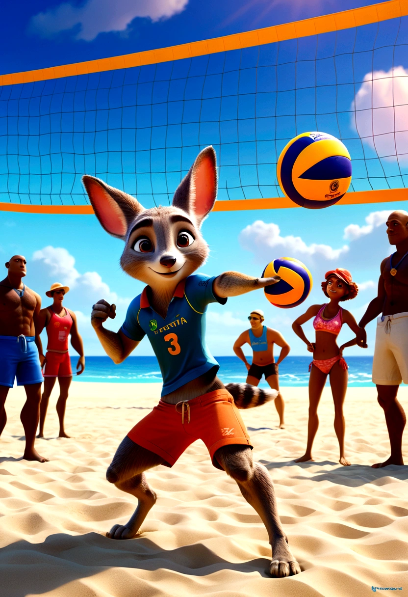 Beach Volleyball, by Zootopia, full body, cinematic still, cinemascope, best quality, masterpiece, very aesthetic, perfect composition, intricate details, ultra-detailed, vivid colors