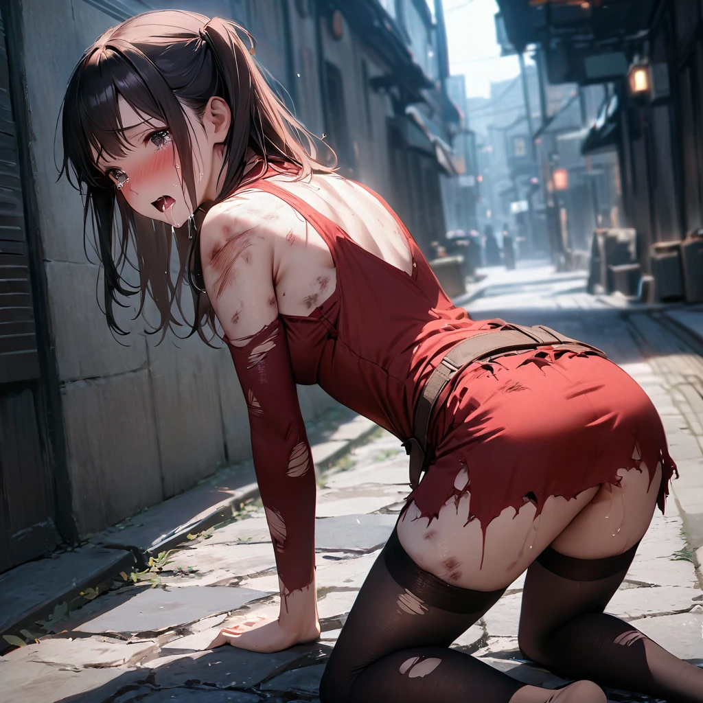 Action Scenes、(A female ninja is violated by countless monsters),((masterpiece,Highest quality:1.3,best quality illustration)), 独奏,1woman,(Mature Japan beauties)、black hair,(low ponytail hair style),long hair,blunt bangs,black eyes,gorgeous eyes,((very small head:1.3)),blush,pain,((very long body:1.2)),medium breasts,(tan skin), (gleaming skin,toned body,slender body, skinny),(Torn black female ninja costume、Injury:1.5,No sleeve、nipples,Black mini skirt),kneeling,Urban area,Collapsed Buildingoonlit Night、Modern Tokyo、nsfw,