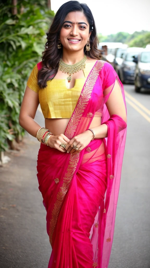 RashmikaLoRA1, RAW photo, round neck blouse and saree of beautiful woman, cute face, wearing round neck blouse and saree, happy face, cool tone, outdoor, big cheeks, curvy, hourglass figure, swooping breasts, deep cleavage, open arms, sexy armpits,standing with wide open spread legs on road in bright light and having sex with big penis, nipples, ass, necklace, (cinematic:1.3), intricate details, (ArtStation:1.2),round neck blouse and saree