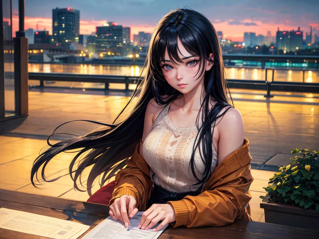 a beautiful girl with long black hair, anime style, lofi aesthetic, drinking coffee in a suburban setting, (best quality,4k,8k,highres,masterpiece:1.2),ultra-detailed,(realistic,photorealistic,photo-realistic:1.37),beautiful detailed eyes,beautiful detailed lips,extremely detailed eyes and face,longeyelashes,1girl,digital painting,soft lighting,warm color tones,cozy atmosphere,cityscape in the background,relaxed pose,looking thoughtful