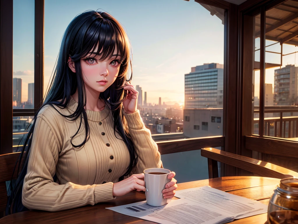 a beautiful girl with long black hair, anime style, lofi aesthetic, drinking coffee in a suburban setting, (best quality,4k,8k,highres,masterpiece:1.2),ultra-detailed,(realistic,photorealistic,photo-realistic:1.37),beautiful detailed eyes,beautiful detailed lips,extremely detailed eyes and face,longeyelashes,1girl,digital painting,soft lighting,warm color tones,cozy atmosphere,cityscape in the background,relaxed pose,looking thoughtful