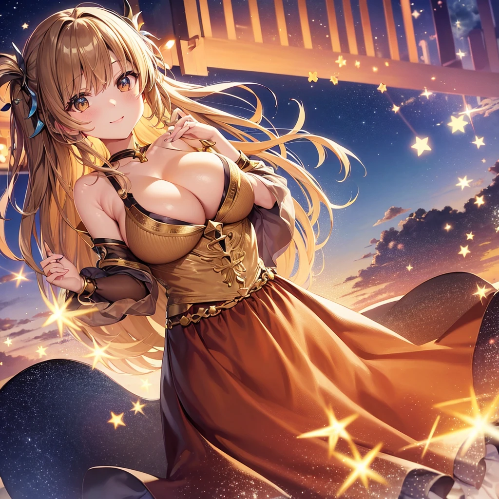 asuna,STAR, crown half up hairstyle,, woman, happy, huge breasts, dress, overexplosure, light brown Clothes, dusk sky, dusk, sunset, Free Pose、Shoulder Off、Cleavage exposure、Only one woman、Low - Angle