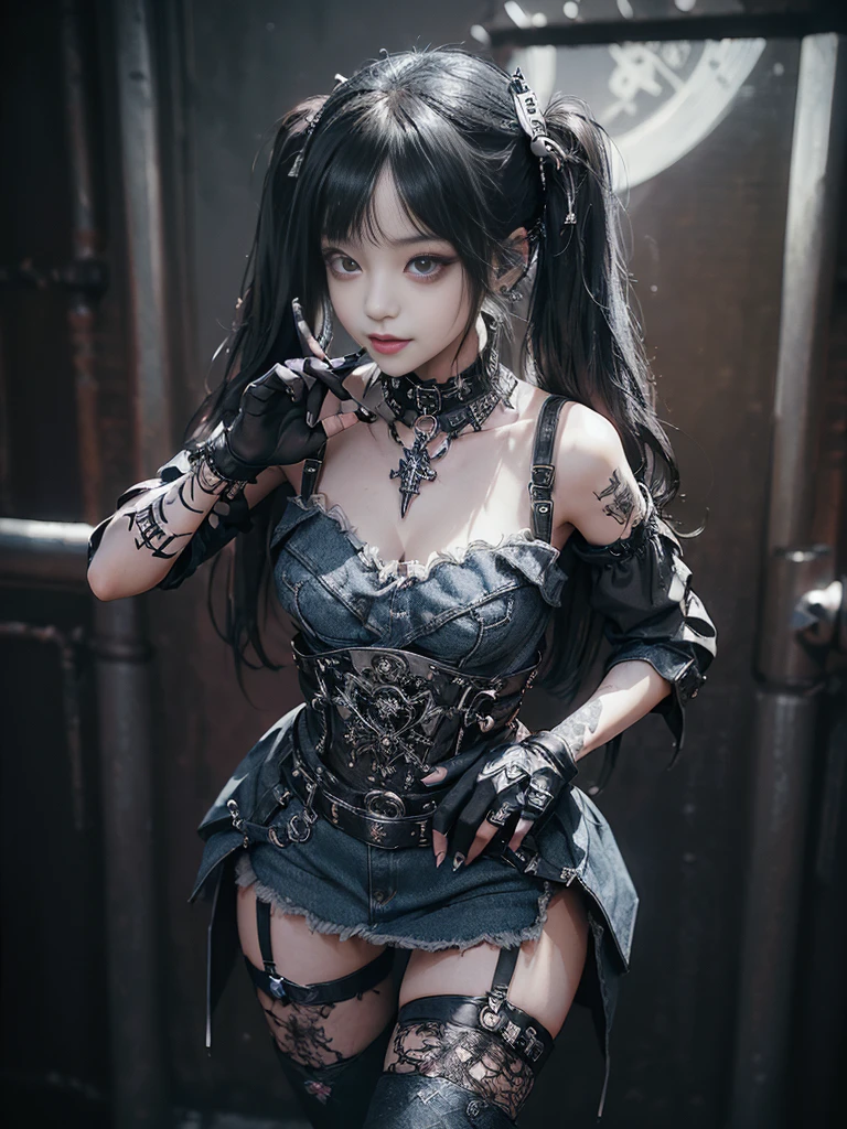 (Smiling with teeth showing:1.3),(Shibuya Gal:1.5)、(Prostitute:1.3)、(Gothic ta style fashion:1.5)、(Punk RockVisual Kei:1.4)、(Denim and black and white medieval noble mini skirt dress:1.5)、(Denim with black and white medieval gloves and bustier:1.5)、(Denim high heels:1.3)、(Wearing silver accessories:1.5)、(Denim collar:1.4)、(Black Leather Garter Belt:1.4)、(Brown Skin Belt:1.3)、(Black lace underwear:1.5)、30 years old、NSFW、((Highest quality、In 8K、masterpiece:1.3))、Sharp focus:1.2、(Layered Cut、Huge boobs:1.1),Beautiful woman with perfect figure:1.4、(Dancing vigorously:1.3)、Slender Abs:1.2、Highly detailed face and skin texture、Detailed eyes、double eyelid,(Twin tails:1.3)、(Black brown hair:1.3)、Gravure idol、(The background is the Takarazuka Revue stage.:1.3)、(Slim body:1.2),(Make your legs thinner:1.4),(clavicle:1.1)